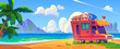© klyaksun - Trailer parked on summer beach. Vector cartoon illustration of seaside camp on sandy coast with green grass, tropical palm trees, mountains on horizon, baggage on top of van, sunny sky, holiday travel