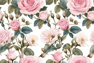 Seamless pattern with delicate pink roses and green leaves on a white background, offering a soft, romantic design.