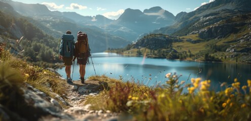 Sticker - Two Hikers Pause To Admire Mountain Lake View In Summer