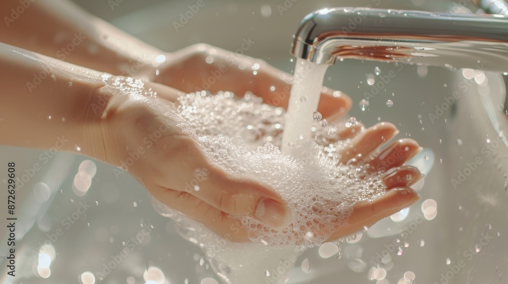 Woman washing hands under water tap, Liquid antibacterial soap and foam ...