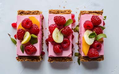 Wall Mural - Raspberry cheesecake bar with fruit garnish isolated on white background