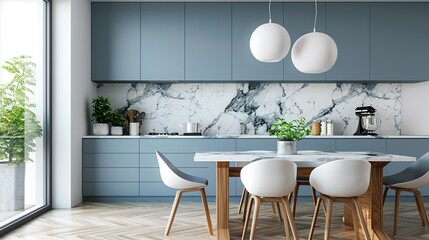 Wall Mural - Empty and clean marble dining table in scandinavian kitchen. Modern monochrome interior with blue drawers on wooden furniture. copy space for text.