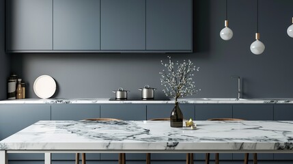 Wall Mural - Empty and clean marble dining table in scandinavian kitchen. Modern monochrome interior with blue drawers on wooden furniture. copy space for text.