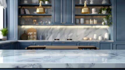 Wall Mural - Empty and clean marble dining table in scandinavian kitchen. Modern monochrome interior with blue drawers on wooden furniture. copy space for text.