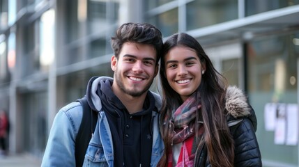 Happy handsome male and female students standing in front of building at campus.