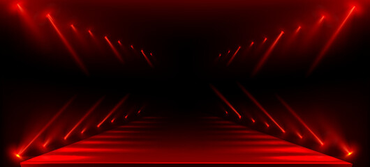 Wall Mural - fashion show runway with red lights on black background. vector realistic illustration of long podiu