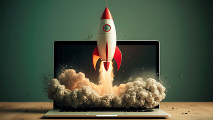 A modern startup concept with launching Space rocket From laptop screen