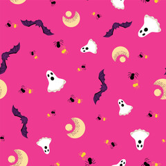 Wall Mural - Halloween abstract fun seamless pattern illustration on pink background