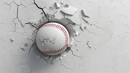 Close-up of a baseball stuck in a concrete wall.