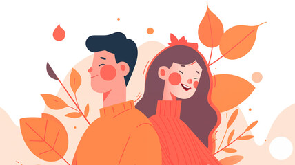 Wall Mural - Hand drawn cartoon illustration of cute couple in autumn	
