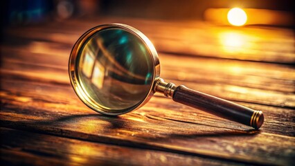 Wall Mural - Macro view of a vintage magnifying glass focusing on a blurred wooden table with subtle shadows and warm lighting effects.