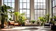 © Stock Image Paradise - A cozy interior scene featuring a well-lit room with large windows, adorned with various potted plants and flowers.