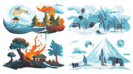 A set of four cartoon illustrations depicting various natural disasters, including a hurricane, forest fire, flooding, earthquake, and a snow blizzard. Generative AI