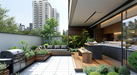 Aufkleber - Style small terrace garden with wooden fence, seating area and outdoor kitchen, white tile floor, green plants in pots around space, white walls, high-rise building background. Generative AI.