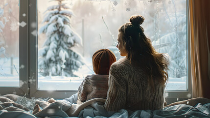 Wall Mural - Mother and daughter enjoying winter nature in the window