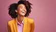 © Marko - Happy beauty business girl, smiling and laughing, wearing bright clothes on bright solid background