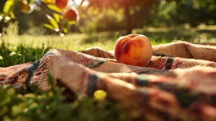 Wall Mural - Peach on checkered blanket in sunny outdoor setting