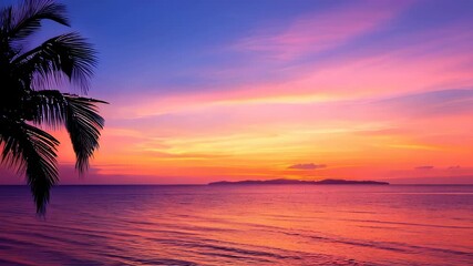 Wall Mural - Tropical sunset over ocean with palm tree silhouette