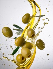 Wall Mural - green olives in splashes of olive oil on a white background