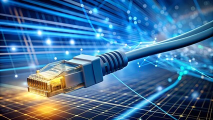 Un câble internet se connectant au réseau, symbolisant la connexion entre les appareils et la technologie dans le marketing numérique. Flux de données lumineux en arrière-plan.