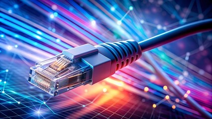 Gros plan d'un câble internet se connectant au réseau. L'arrière-plan est un flou de motifs lumineux dans les tons bleus et roses, créant une atmosphère futuriste symbolise l'impact de la technologie 