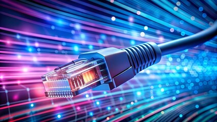 Gros plan d'un câble internet se connectant au réseau. L'arrière-plan est un flou de motifs lumineux dans les tons bleus et roses, créant une atmosphère futuriste symbolise l'impact de la technologie 