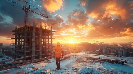 Poster - Engineer inspecting and working outdoors at structure building site, Modern concrete and steel building construction site in open space, flat space, sunset. Generative AI.