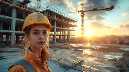 Poster - Engineer inspecting and working outdoors at structure building site, Modern concrete and steel building construction site in open space, flat space, sunset. Generative AI.
