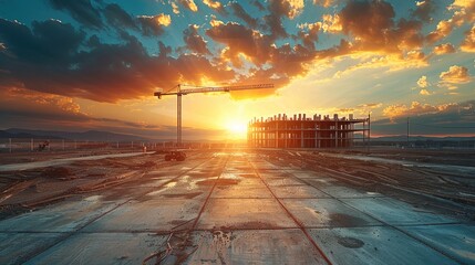 Poster - Modern concrete and steel building construction site in open space, flat space, sunset. Generative AI.