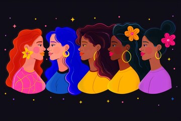 Sticker - Colorful illustration of diverse women sharing a moment of connection set against a dark starry background highlighting friendship and cultural diversity vector art.