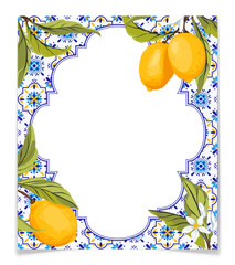 Frame with blue tiles and lemon branches, vector.