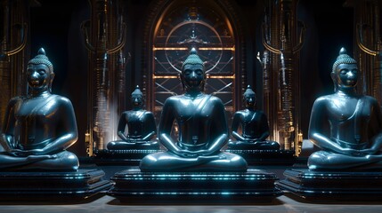 Buddhist statue of Buddha set against a black background, creating a serene and spiritual religious pattern.