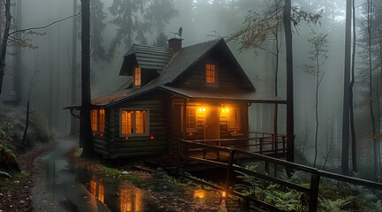 Wall Mural - Country side wood cabin in forest with foggy and overcast climate with lights. Generative AI.