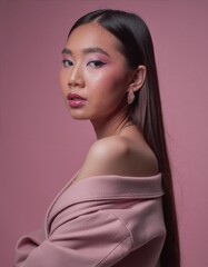 Wall Mural - young woman with makeup in fashion clothes on pink background 