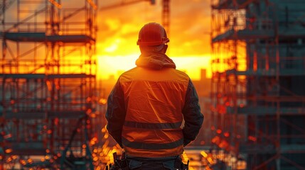 Aufkleber - In the fading light, the construction site took on an ethereal glow, shadows over the maze of scaffolding. The foreman studied the blueprints under the feeble beam of a work light. Generative AI.