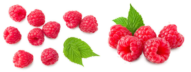 Wall Mural - ripe raspberry with green leaf isolated on white background. macro. clipping path