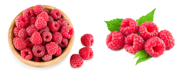 Wall Mural - ripe raspberry with green leaf isolated on white background. macro. clipping path