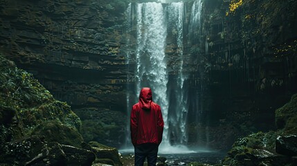 Canvas Print - A woman in a red sweater and red hat stands looking at the foggy 