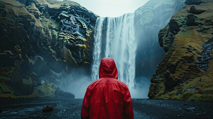 Canvas Print - A woman in a red sweater and red hat stands looking at the foggy 