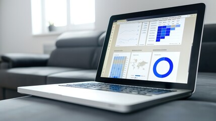 Leinwandbilder - Laptop with dashboard on the screen, sitting in front of grey couch, background is white and bright living room, blue graph and pie chart visible on laptop screen. Generative AI.