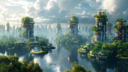 A futuristic city powered entirely by new eco green energy, wind turbines, and green rooftops