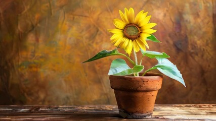 Wall Mural - Vibrant sunflower in terra cotta pot against rustic background