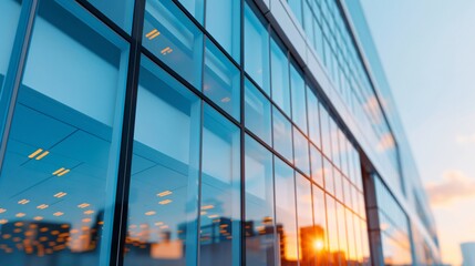 Frosted glass facade of modern office building, business district backdrop. Hazy corporate interior, abstract blue-tinted windows. Contemporary architectural design, sleek minimalist aesthetic.