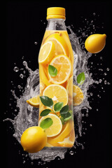 Sticker - liquid splash product photography, swirling cluster of lemon and fruits around a bottle