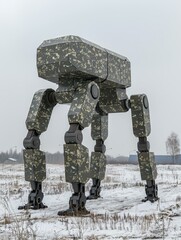 Canvas Print - A large green and black robot stands in a snowy field. AI.