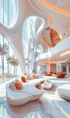 Wall Mural - Futuristic hotel lobby with large windows and curved orange and white walls. AI.