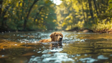 Poster - Golden retriever swimming in a river. AI.