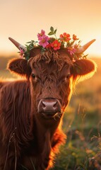 Poster - A beautiful cow wearing a flower crown is standing in a field of flowers. AI.