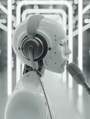 Poster - A grayscale image of a female robot wearing headphones and singing into a microphone. AI.