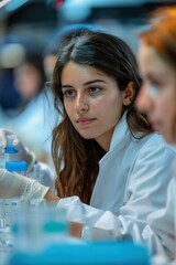 Canvas Print - A young female scientist looks thoughtfully at a test tube in a laboratory. AI.